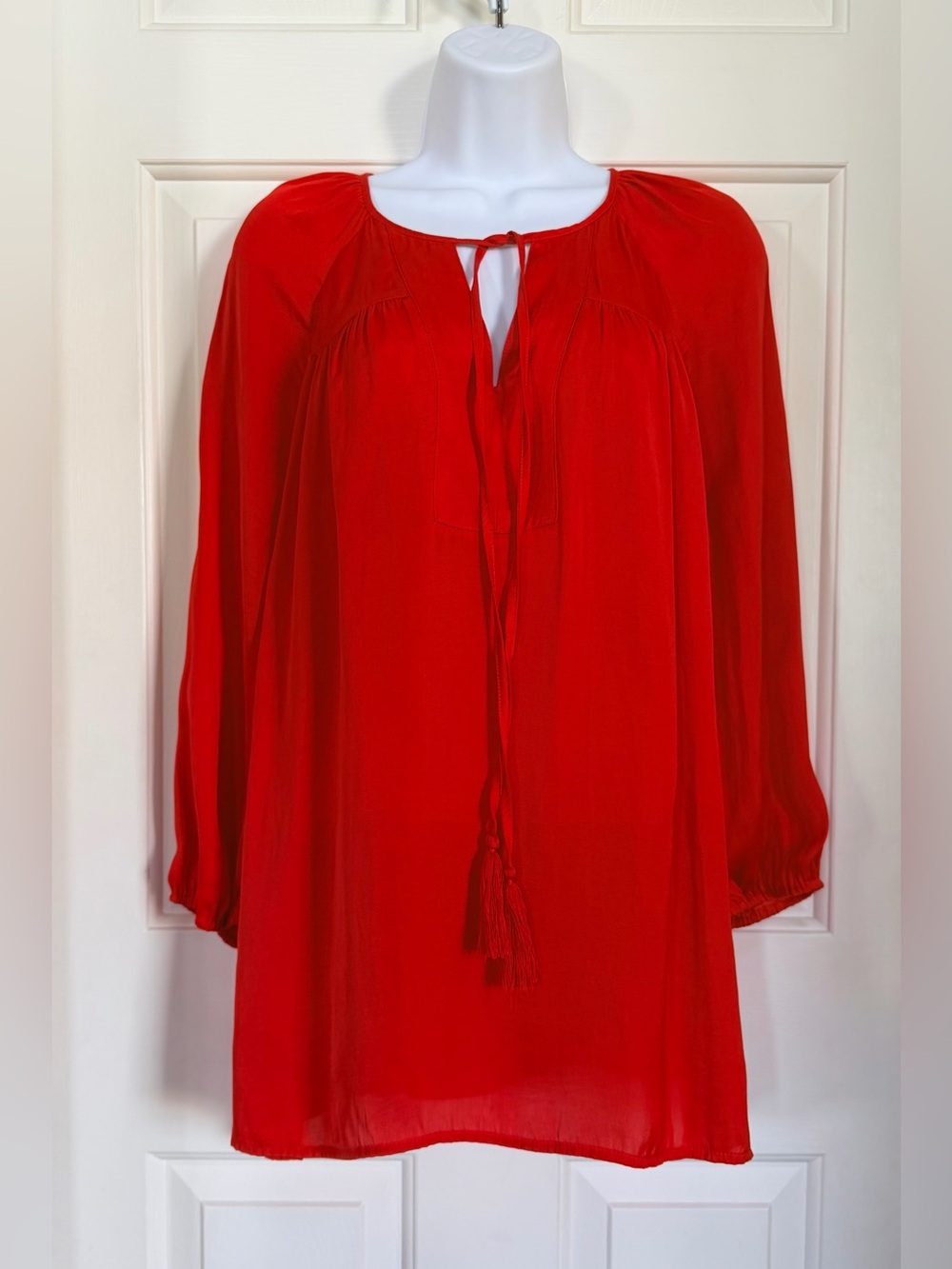 Lemon Tart Women's Red Tie-Neck Peasant Blouse